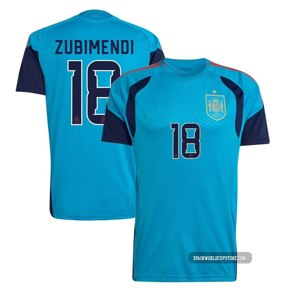 Men's Martín Zubimendi Replica ＃18 Spain National Team Turquoise FIFA X World Cup 2026 Tiro Home Training Soccer Jersey