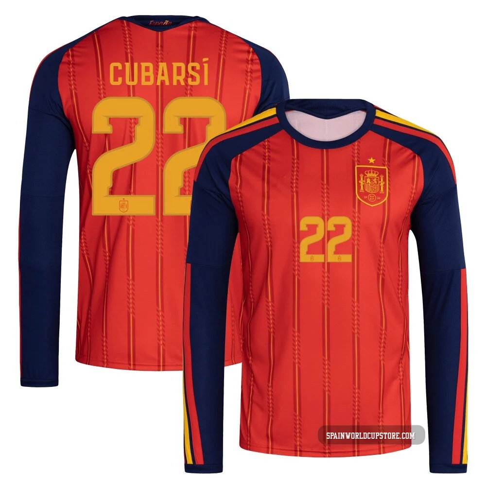 Men's Pau Cubarsí Red Replica ＃22 Spain National Team FIFA X World Cup 2026 Home Long Sleeve Soccer Jersey