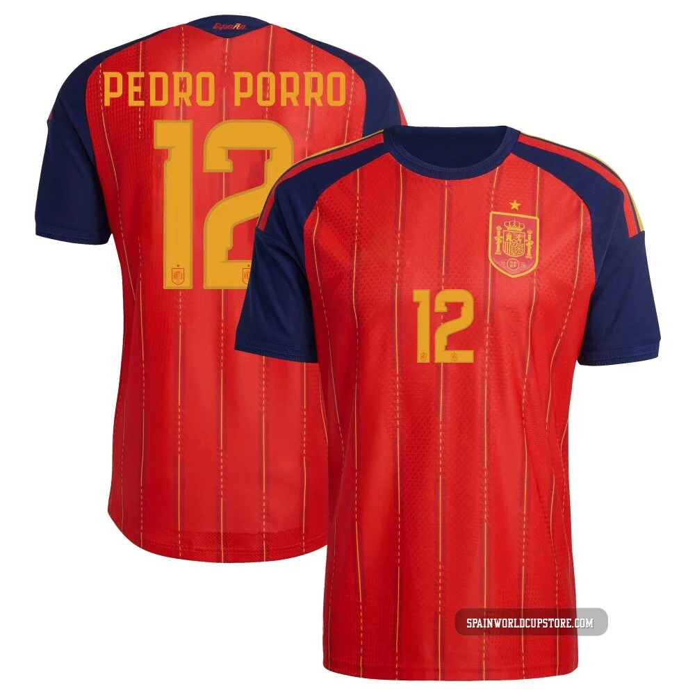 Men's Pedro Porro Red Authentic ＃12 Spain National Team FIFA X World Cup 2026 Home On Field Soccer Jersey