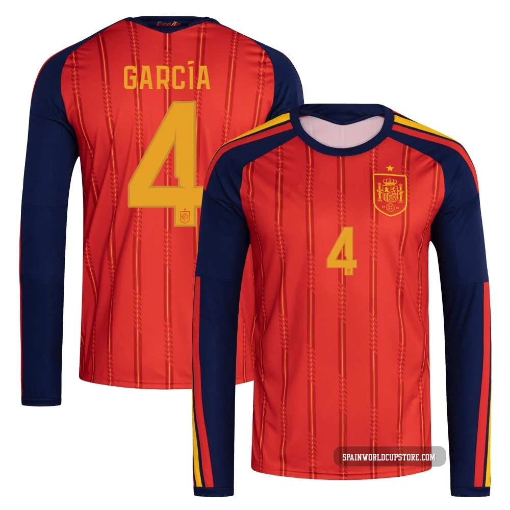 Youth Eric García Red Replica ＃4 Spain National Team FIFA X World Cup 2026 Home Long Sleeve Soccer Jersey