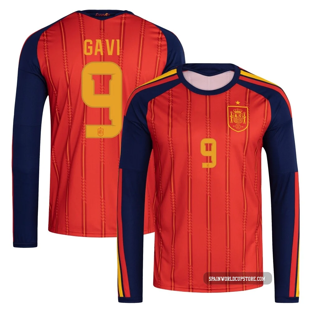 Youth Gavi Red Replica ＃9 Spain National Team FIFA X World Cup 2026 Home Long Sleeve Soccer Jersey