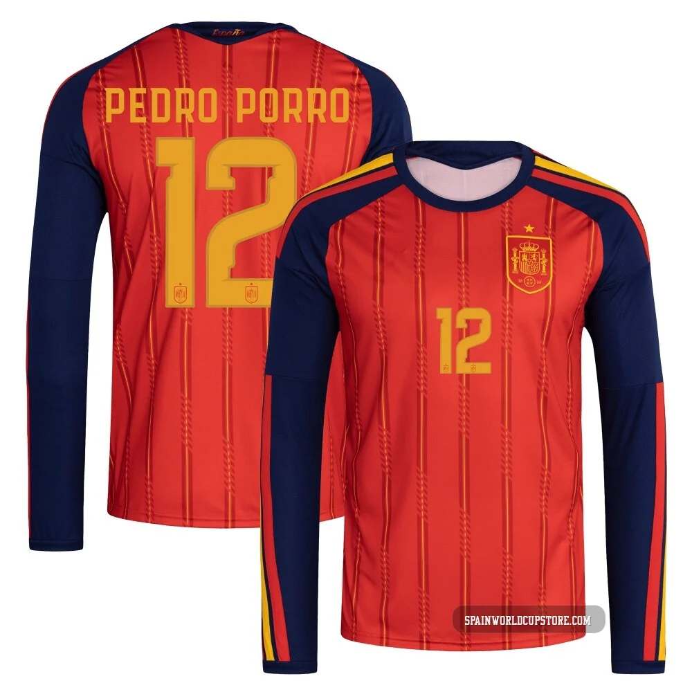 Youth Pedro Porro Red Replica ＃12 Spain National Team FIFA X World Cup 2026 Home Long Sleeve Soccer Jersey